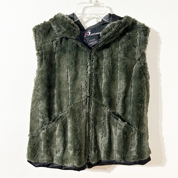 I5 Apparel Fully Lined Front Zip Faux Fur Hooded Vest Olive Green Pockets - Picture 1 of 13